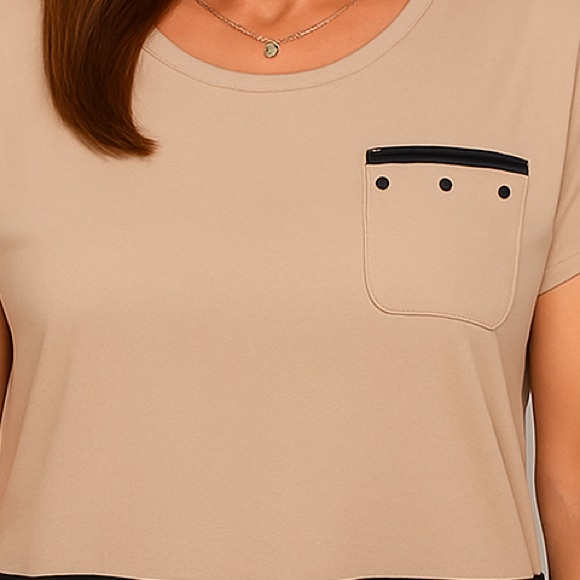 Lumière’ Tan & Black Sheer Hem Short Sleeve Blouse Size L with Studded Pocket - Picture 10 of 12